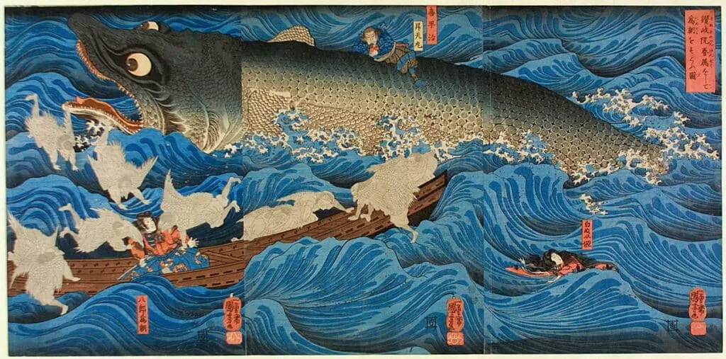 Utagawa Kuniyoshi (1798-1861) The Former Emperor from Sanuki Sending Allies to Rescue Tametomo, woodblock print, ca.1851, Japan © Victoria and Albert Museum, London